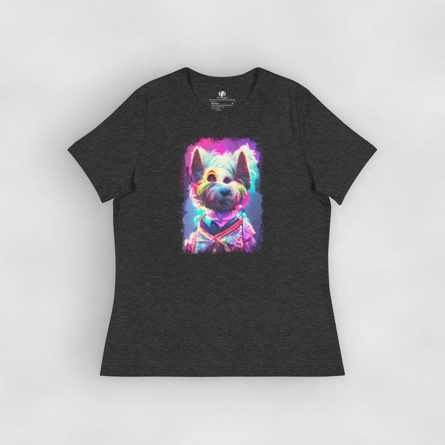 Women's black graphic tee | Westie dancing to a rave