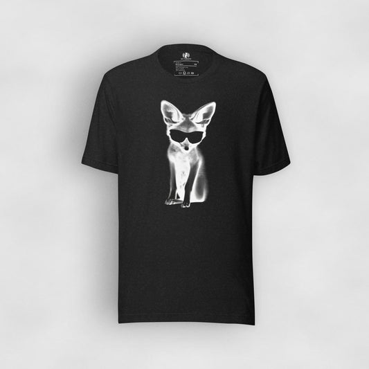 Men's black graphic tee | Fox wearing sunglasses